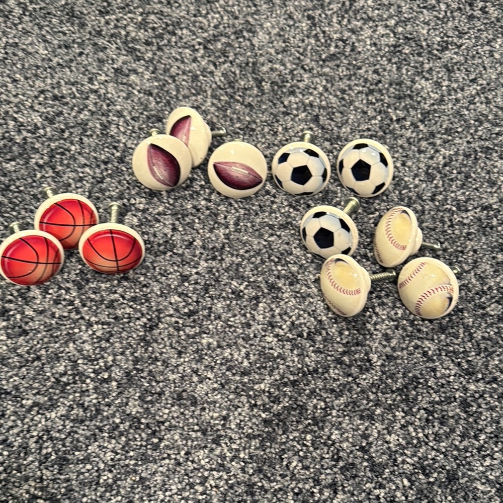 Sports Themed Drawer Knobs Set. Set of 12. Used.. please look at all photos.